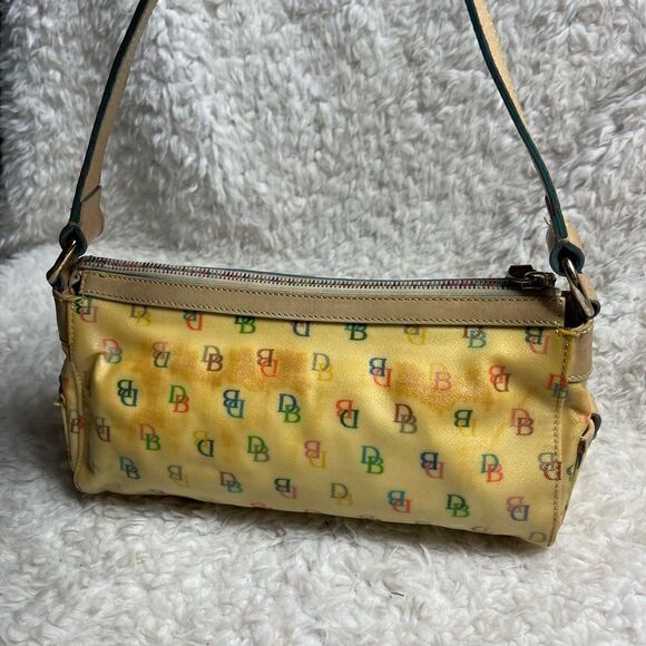 Dooney & Bourke oil cloth beige multi color logo  satchel cream leather trim - Picture 4 of 16